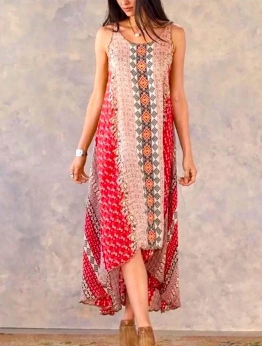 JOHNNY WAS Hazel Geogegette Boho Maxi Dress Red Tan Size Small
